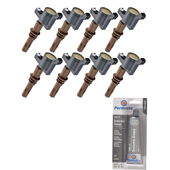 Set of 8 Ignition Coils with Brown Boot and Permatex 22058 Dielectric Tune-Up Grease Compatible with 2008-2010 Ford F-350 Super Duty 5.4L V8 Replacement for FD509 DG521