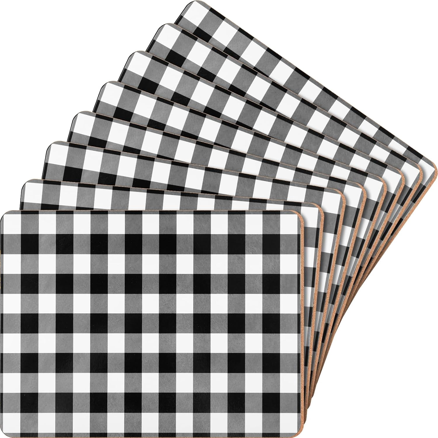 Plaid Cork Placemats Set of 8 Gingham Placemats 16 x 12'' for Kitchen and Dining Tables Heat Resistant Hard Thick Cork Backed Easy Clean Table Mats