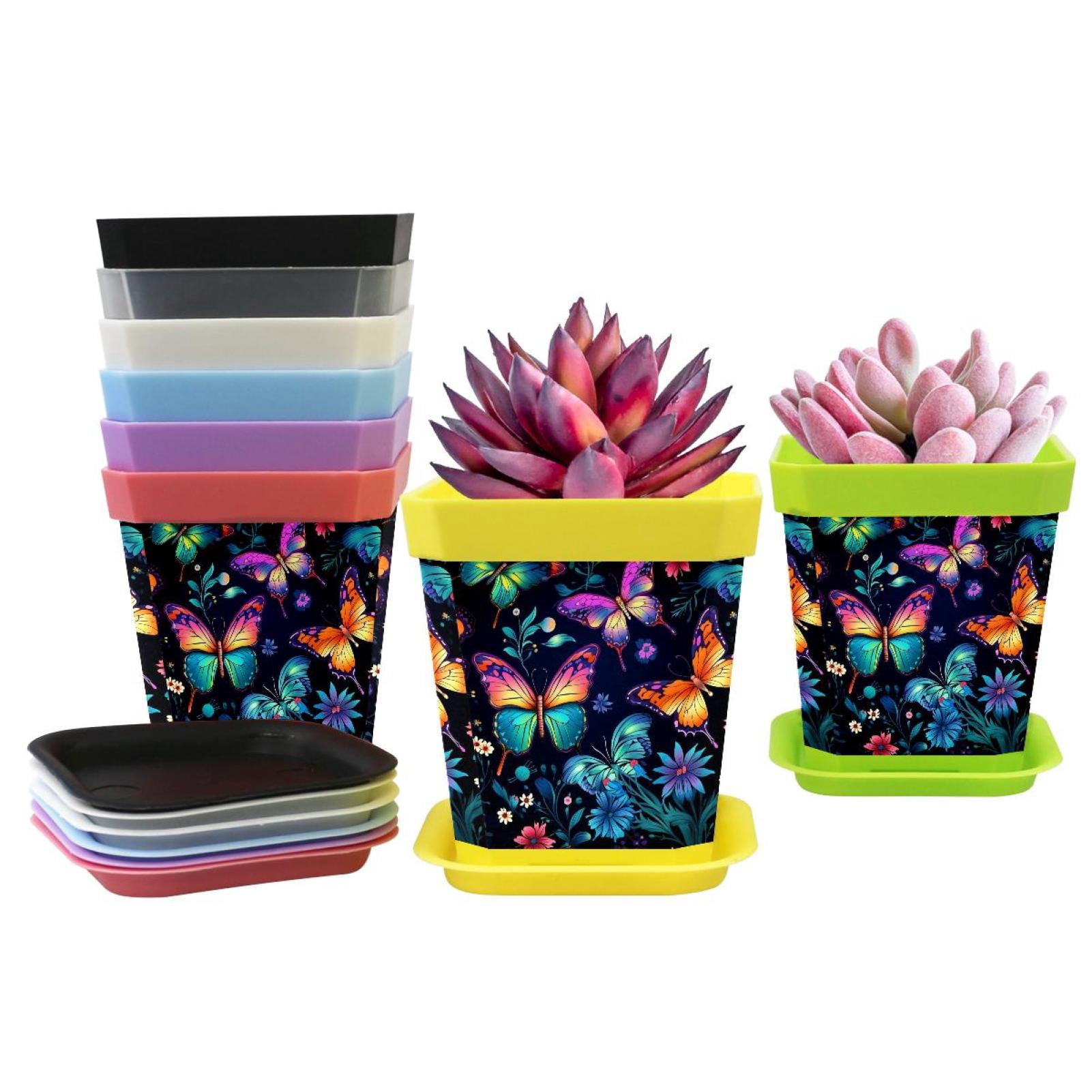 Set of 8 Plastic Planters with Drainage Holes and Saucers, Plastic