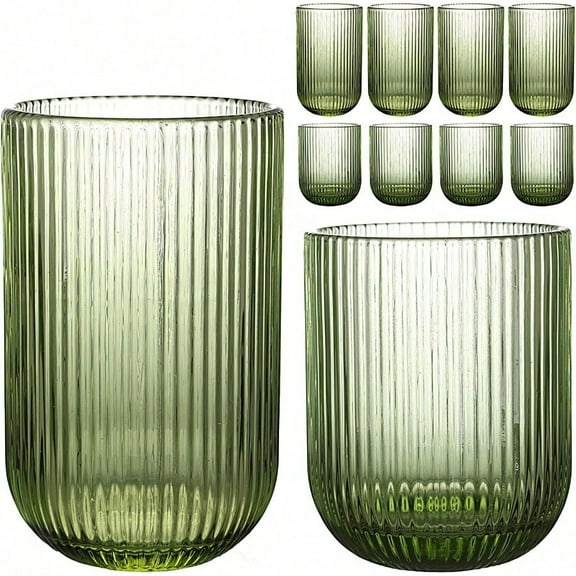 Set of 8 Ribbed Glassware4 Highball Glasses 14oz 4 Rocks Drinking Glasses 9oz Green Origami Style Fluted Design for Milk Water Cocktail Juice Beer ToothBrush Cup Gift
