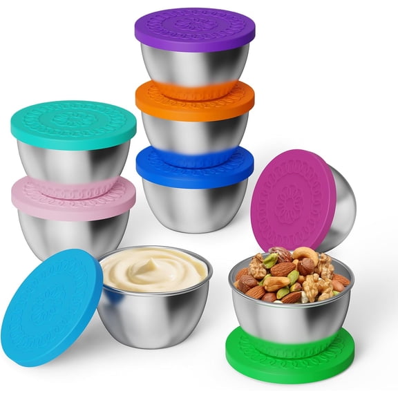 Set of 8 Salad Dressing Container To Go, 2.5 oz Stainless Steel Container with Silicone Lids For Lunch Boxes,Sauce containers, Picnics,Travel Meal Prep And Kitchen Storage