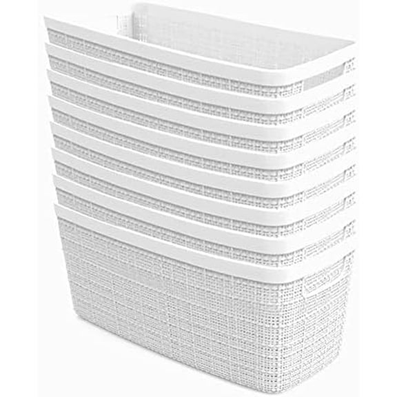Set of 8 Slim 6.8L Jute Decorative Plastic Organization and Storage Baskets - Perfect Bins for Home Office, Closet Shelves, Kitchen Pantry and All Bedroom Essentials, White