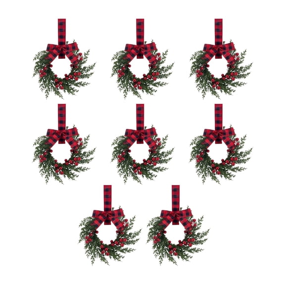Set of 8 Small Christmas Kitchen Cabinet Wreaths with Ribbon, Artificial Pine Mini Wreaths with Red Bows and Berries for Windows, Doors, Hanging, Cabinet, Tabletop & Xmas Holiday Home Decor
