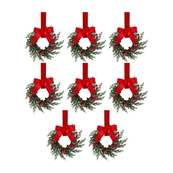 Set of 8 Small Christmas Kitchen Cabinet Wreaths with Ribbon, Artificial Pine Mini Wreaths with Red Bows and Berries for Windows, Doors, Hanging, Cabinet, Tabletop & Xmas Holiday Home Decor