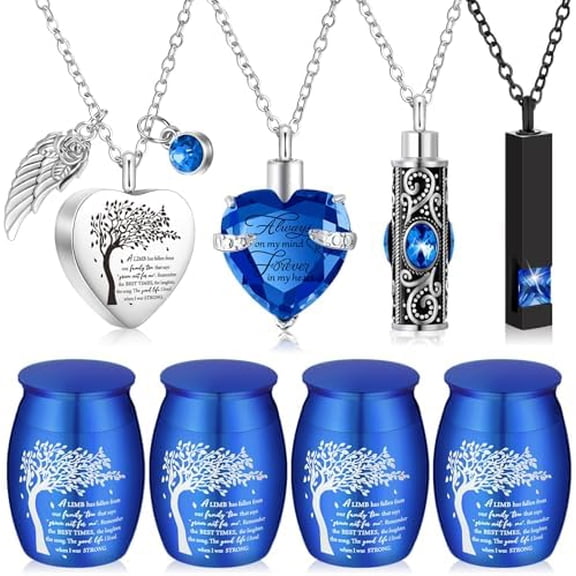 Set of 8 Small Urns for Human Ashes Cremation Urns Keepsake Ash Holders Family Tree Memorial Heart Locket Waterproof for Adults Women Men Loved Ones(Dark Blue)