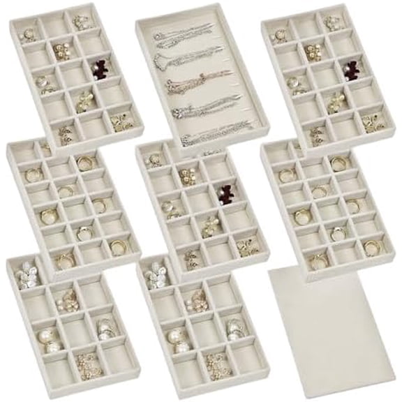 Set of 8 Stackable Jewelry Organizer Trays with 1 Lid for Drawer & Dresser Organizer, Adjustable Velvet Jewelry Box Tray Earring Organizer Necklace Storage Ring Bracelet Display Case (Beige)