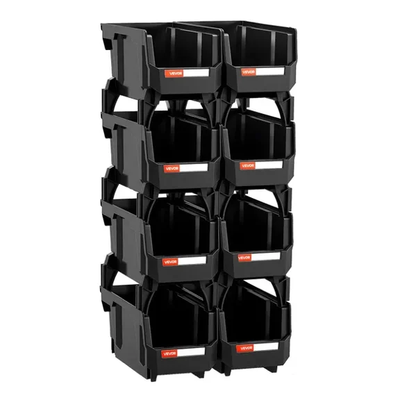 Set of 8 Stackable Plastic Storage Bins (10.9 x 5.5 x 5.1 inches) - Versatile Organizing Containers for Closet, Garage, Office Supplies, and Small Parts - Sleek Black Design