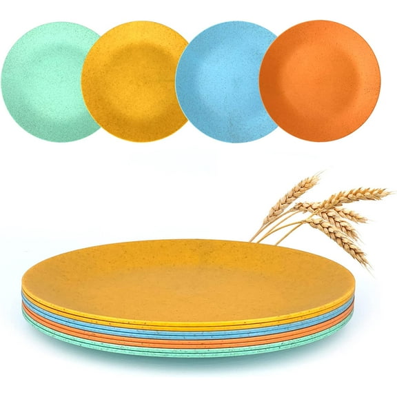 Set of 8 Wheat Straw Lightweight PP Dinner/Lunch Plate Set,9.875 inch Round Unbreakable Salad Plates Picnic Plates for Holiday Party,Break-resistant,Dishwasher and Microwave Safe,BPA Free,Multicolor