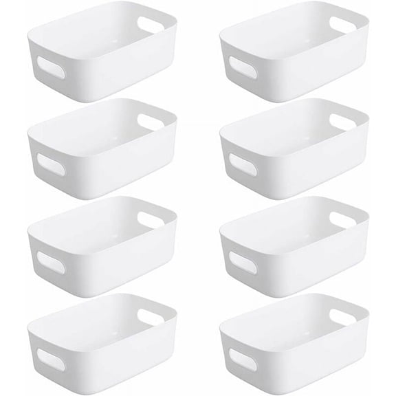 Set Of 8 White Plastic Storage Basket, Plastic Storage Basket, Plastic Basket With Handle For Stackable Cupboards, Kitchen, Bedroom, Bathroom, Office, 19X13.5X7.5Cm (White)