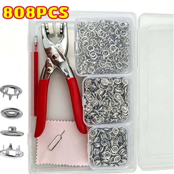 Set of 808 Snap Fasteners Kit, Metal Snap Button Kit with Fastener Pliers No Sewing, 9.5mm Rust Proof DIY Press Studs Button Fix Tools for Fabric Clothing
