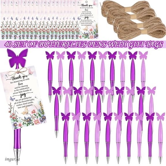 A Set of 84 Purple Butterfly Pens and Gift Tags for Shower Gifts Includes 40 Ballpoint Pens, 40 Thank You Cards, and 4 Pieces of Twine, Perfect for The Office, Home, or Spring/summer Party Souvenirs