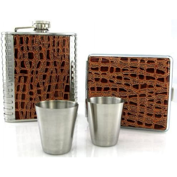 Set 8oz Stainless Steel Flask, cigarette case And Shot glasses Groomsman Gift