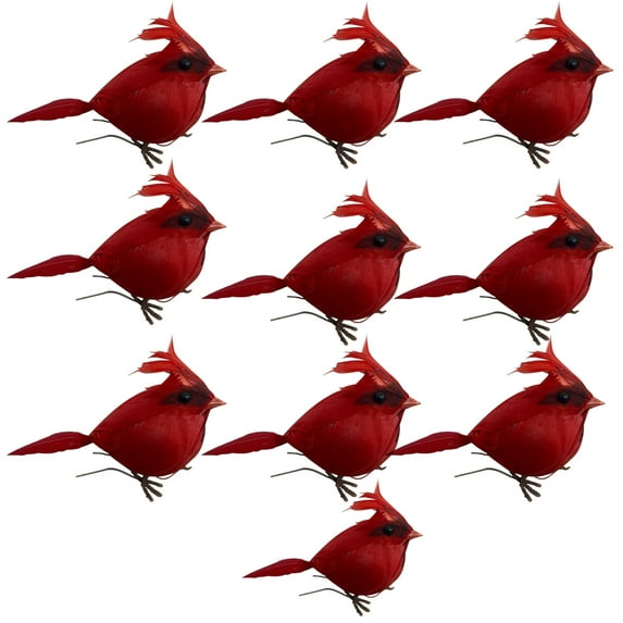 Set of 9 Artificial Red Cardinal Birds with Clips, Realistic Feathered Ornaments for Christmas Tree, Holiday, Home, and Party Decorations, Indoor and Outdoor Use, 4.3 Inch Each