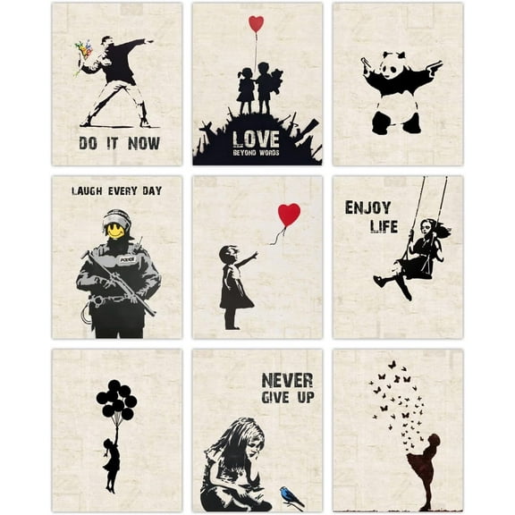 Set of 9 Banksy Wall Art Print Unframed Panda Banksy Canvas Pictures Graffiti Street Wall Art Banksy Posters Inspirational Quotes Street Pop Art Wall Poster 8x10 for Bedroom Living Room