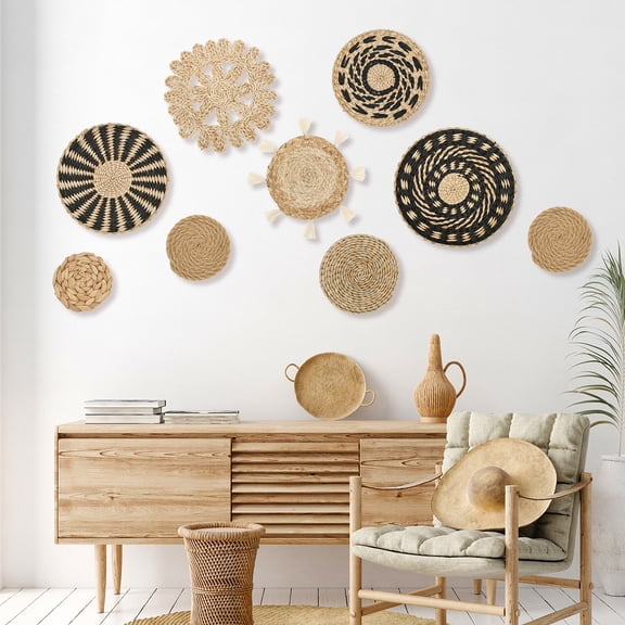 Set of 9 Boho Wall Basket Decor - Woven Wall Baskets Hanging Art Decorations, Flat Round Wicker Straw Decorative Plates for Living Room Bedroom Home Decor, 4 to 12 Inches