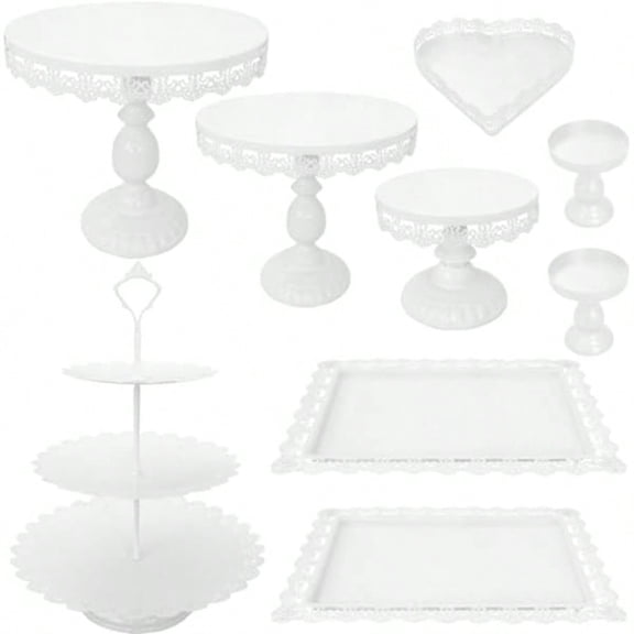 Set of 9 Cake Stands Metal Cupcake Stand Set Multiple Styles Candy Fruit Display Tower Dert Plate Cake Serving Tray for Birthday Party Wedding Anniversary  Shower Engagement White
