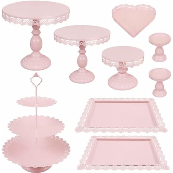 Set of 9 Cake Stands Metal Cupcake Stand Set Multiple Styles Candy Fruit Display Tower Dessert Plate Cake Serving Tray for Birthday Party Wedding Anniversary Baby Shower Engagement (Pink)