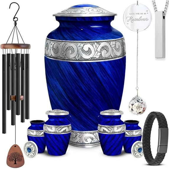 Set of 9 Eternal Blue Aluminum Cremation Urns by AmericUrn – 1 Large Urn, 4 Keepsake Urns, 1 Bracelet Urn, 1 Suncatcher, 1 Wind Chime & 1 Necklace