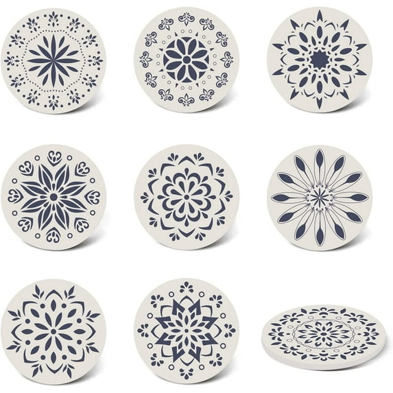 Set of 9 Geometric Flower Absorbing Stone Coasters with Cork Base Ceramic Drink Coasters Funny Birthday Housewarming for Tabletop Protection Suitable for Kinds of Cups Wooden Table