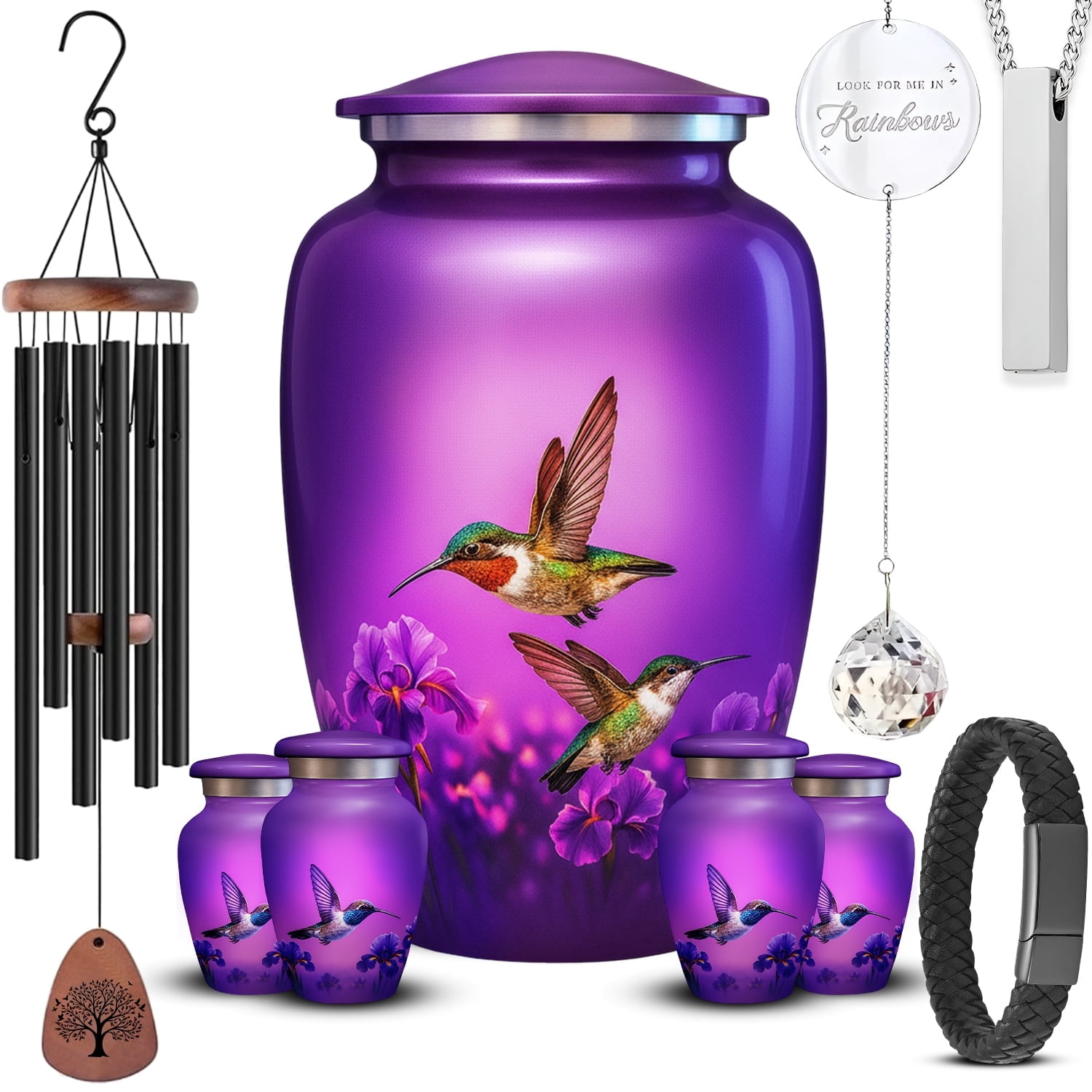 AmericUrn Set of 9 Hummingbird Round Metal Cremation Urns – Includes 1 Large Urn, 4 Keepsake Urns, 1 Bracelet urn, 1 Suncatcher, 1 Wind Chime & 1 Necklace
