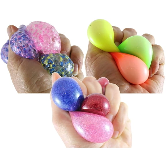 Set of 9 Mini Stress Balls - 3 Different Styles in 3 Packs - of Small Amazing 1.5" Stress Ball - Ceiling Sticky Glob Balls - Squishy Gooey Shape-able Squish Sensory Squeeze Balls
