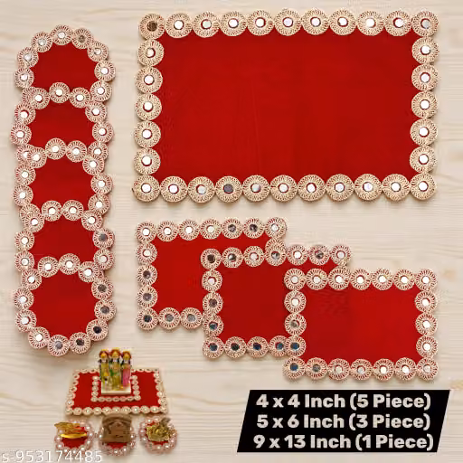 Set of 9 Premium Velvet Pooja Aasan Combo Set for God Idol Sitting & Mandir Decoration | Designer Embroidery Cording Mirror Work Chowki Aasan | Red Festive Diwali Decor Set