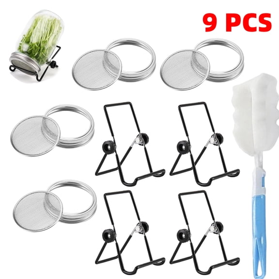 Set of 9, Sprouting Jar Lid (32oz Glass Jars) with Stainless Steel Sprouting Stands & Brush for Wide and Wide Mouth Mason Jar for Growing Organic Sprouts, Stainless Steel