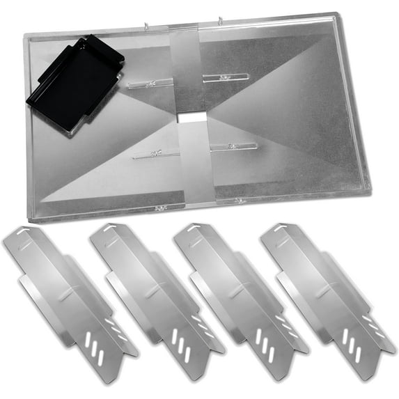 Set of Adjustable Grease Tray (24 to 27 inches) and 4 Heat Plates for Dyna-Glo Bbq Grills DGF493BNP, DGB494SPB, DGB495SDP, Backyard Grill BY13-101-001-12, BHG, Uniflame GBC1349WRS and Others