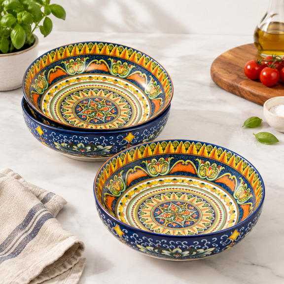 Set B Ceramic 50 Oz 8 Inch Boho Shallow Pasta Soup Bowl Set of 2