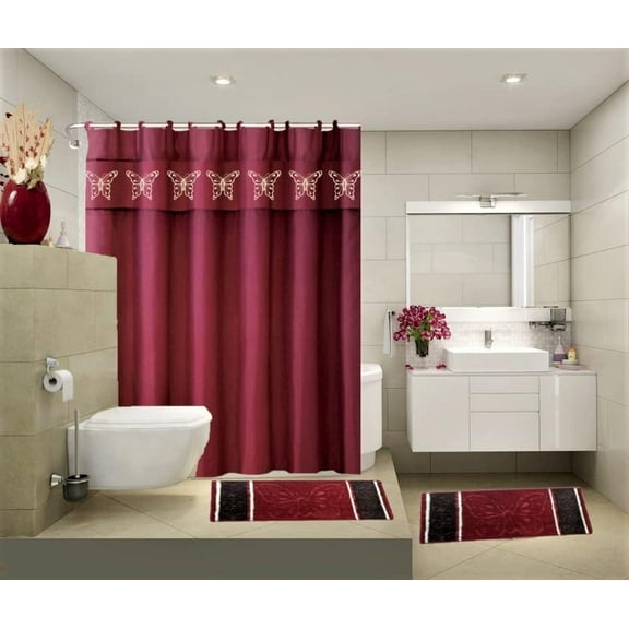 Set Bathroom Bath Mat Rugs Shower Curtain or Comb Printed Design ( Burgundy)