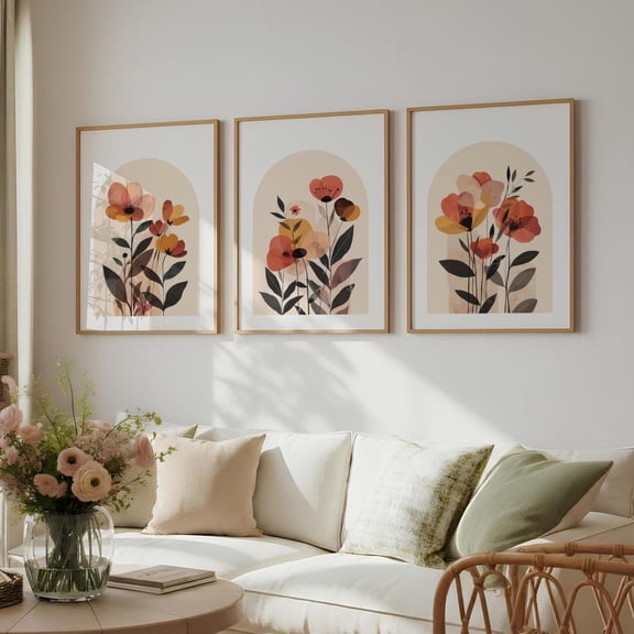 Set Boho Abstract Flowers Print, Beige Boho Fall Decor, Minimalist Modern Dorm Wall Art, Floral Terracotta Printable, Set