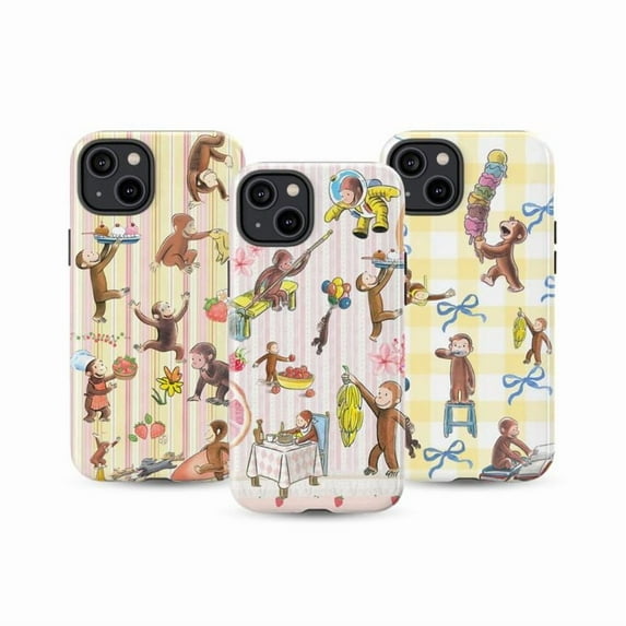 Set of Curious Monkey Adventure Phone Case, Cute Pastel iPhone Cover with Space, Ice Cream and Balloons, Protective Case Combo for iPhone 16 15 14 13 12 11 Plus Pro Max Mini