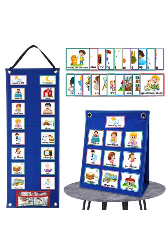 A Set of Daily Chore Routine Chart,Calendar Chart for Home & School,Autism Learning Materials Kids Visual Behavioral Tool,Large Kids Visual Schedule for Classroom & Home School (Blue)