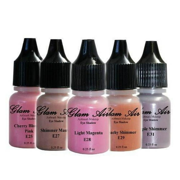 Set of Five (5) Shades of Glam Air Airbrush Eye Shadow Makeup E25 Cherry Blossom Pink, E27 Shimmer Mauve, E28 Light Magenta, E29 Peachy Shimmer, and E31 Purple Shimmer Water-based Formula Last All Day