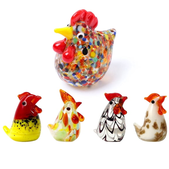 Set of Five Glass Blown Rooster Figurines - Handcrafted Mini Colorful Chicken Ornaments, Art Glass Rooster Collectible Figurines for Home, Office, or Desktop Decor Ornaments
