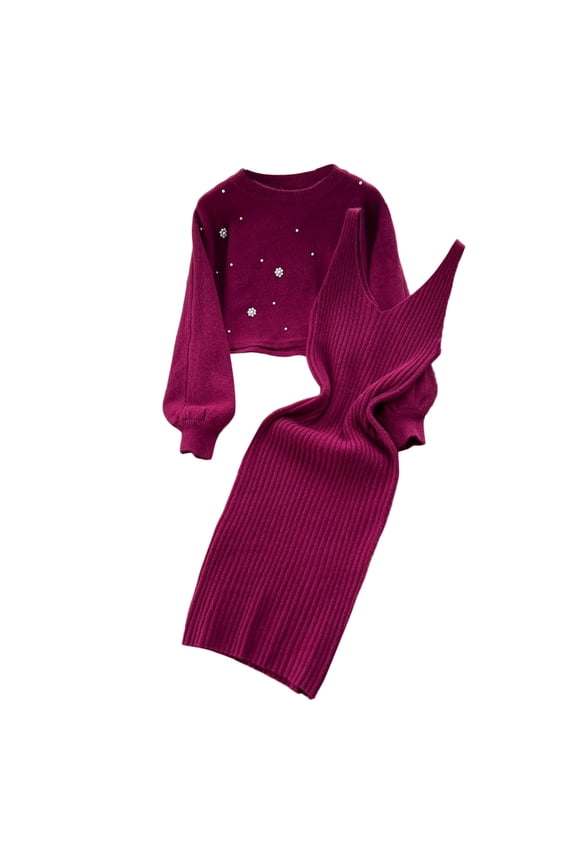 Set For Women Fashion Knitted Dress Two Piece Suit Pullover Top And Dress Bodycon 2 Piece Set Jumper Midi Dress Knitted Dress Set
