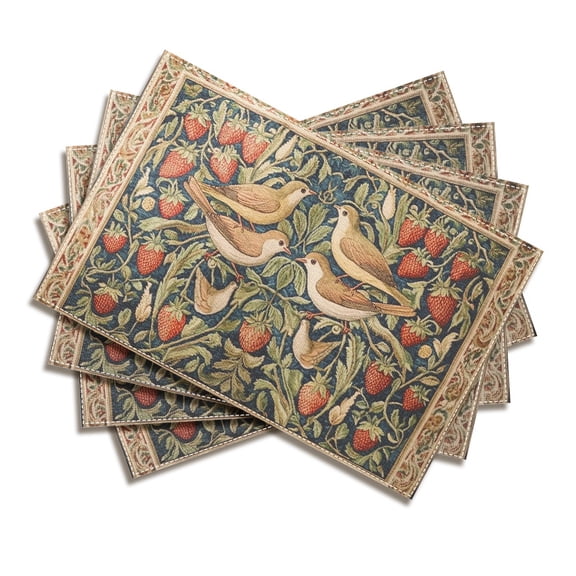 Set of Four 2D Flat Printed Placemats Inspired by William Morris, Featuring a Lively Floral And Bird Pattern, Perfect for Dining Tables During Festive Occasions. This Kitchen Mat Collection