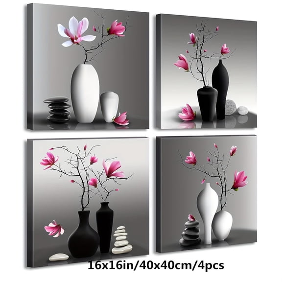 Set of Four Modern Style Canvas Prints, Black and White Zen Flower Canvas Wall Art, Living Room Bedroom Bathroom Office Corridor Wall Decoration, Frameless