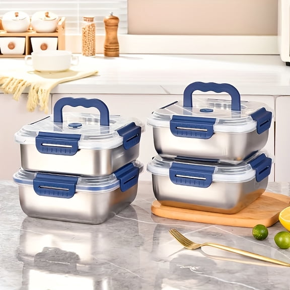Set of Four Stainless Steel Storage Containers Featuring a Blue Lid, with a Capacity of 57.48 Ounces, Ideal for Refrigerator Drawers, Airtight Bowls, Bento Boxes, And Kitchen Tools