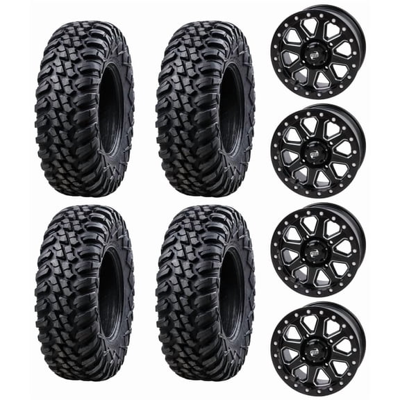 Set of Four Tusk Terrabite? Radial Tires on Tusk Uinta Milled/Black Wheels with Black Lug Nuts (29x9-14 / 29x11-14) for Kawasaki and Polaris Applications