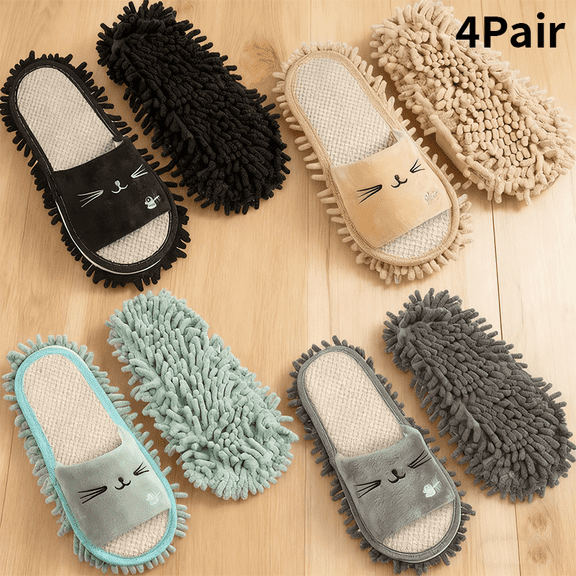 Set of Four Washable Microfiber Mop Slippers for Home Floor Cleaning, Includes Four Colors (Black, Green, Grey, Nude) - Fun and Effective Household Cleaning Accessories