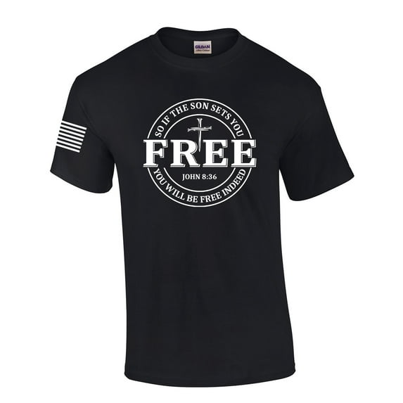 Set Free John 8:36 Nail Cross Redeemed Mens Christian Short Sleeve T-Shirt Graphic Tee-Black-large
