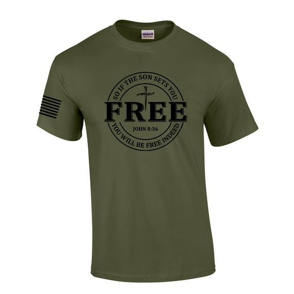 Set Free John 8:36 Nail Cross Redeemed Mens Christian Short Sleeve T-Shirt Graphic Tee-Military Green-xxxl