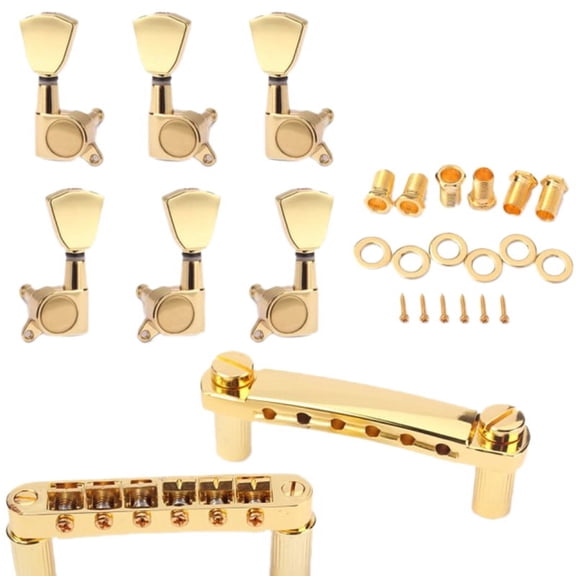A Set Gold String Saddle Tune-O- Bridge&Tailpiece For Gb Lp Style Electric Guitar,2* bridge 6* guitar tuning nail 6* ferrule 6* threaded bushing 6* screw,gold