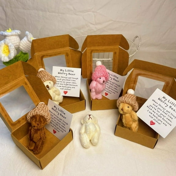 A Set Handmade Mini Teddy Bear With Inspirational Card In Box, Little Bear In A Box, My Little Worry Bears, Mini Pocket Bears Hug Plush With Emotional Uplifting Support Card,Gift