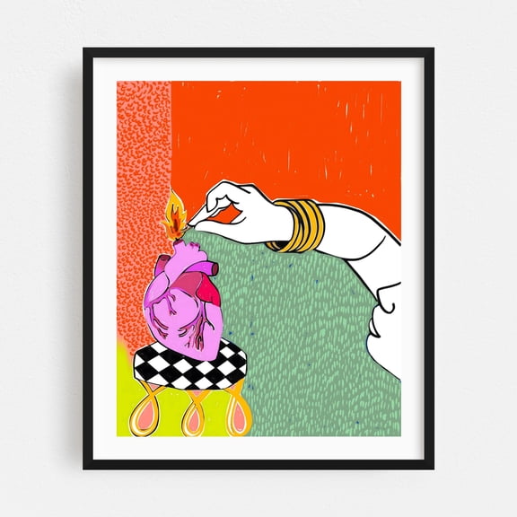 Set My Heart On Fire - India Illustration Surrealism Pop Art Modern Art Psychedelic Abstract Geometric Whimsical Black Framed Wall Art Print 18 x 24 inches