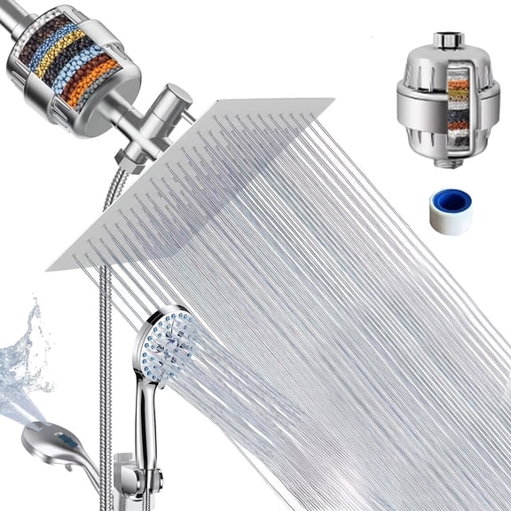 A Set Of High-pressure Filtered Shower Heads, 8-inch Square Stainless Steel Top Spray With Filter, Dual Shower Set With 59-inch Hose And 7-function Handheld Shower Head