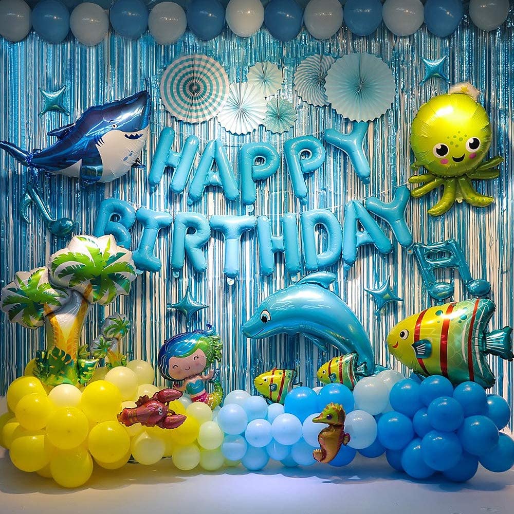 Set Hot Summer Sea Animals Birthday Party Blue Background Dolphin