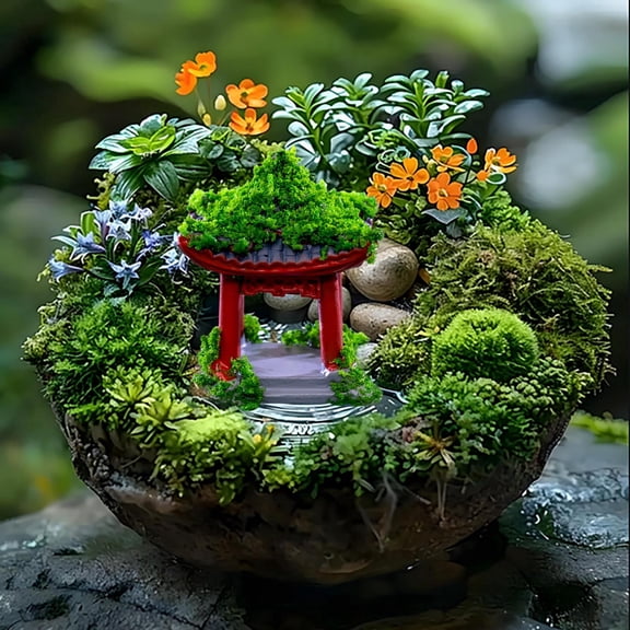 Set Japanese Garden Bridge Pavilion Rockery for Zen Garden Decoration Platform Japanese Garden Bridge Resin Ornament for Terrarium Zen Space, 3x2x3.9cm, Red