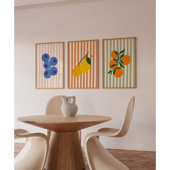 Set Kitchen Posters Fruit Gallery Wall Cottagecore Blueberries Poster Striped Kitchen Art Set Lemon Fruit Poster Trio, Poster Only